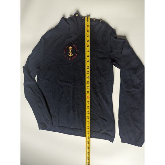 LAUREN RALPH LAUREN Preppy Med Navy Sweater Gold Button Anchor Crown Embroidery - Picture 6 of 7